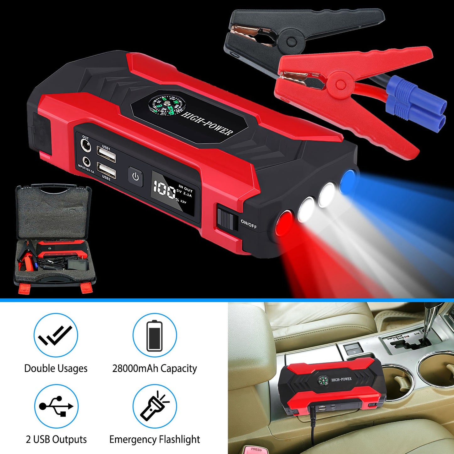 28000mAh 12V Car Jump Starter Booster With LCD Screen