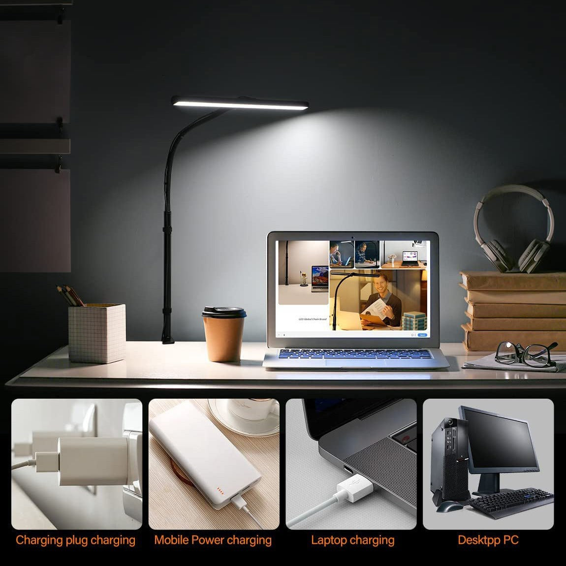 USB Double Head LED Table Lamp With Clamp